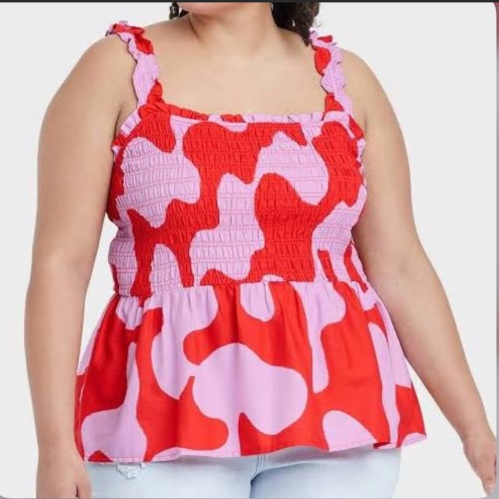 Ava & Viv Women's Plus Size Smocked Peplum Red Abstract Tank Top